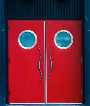 Red Doors With Circular Windows