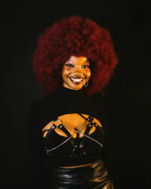 Red Afro And Black Outfit