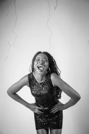 Black And White Portrait Of A Woman In Sequin Dress
