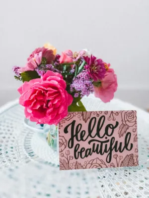 Floral Arrangement With 'Hello Beautiful' Card