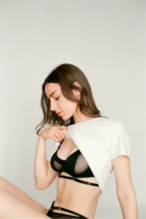 Fashion Model In Black Lingerie And White Top