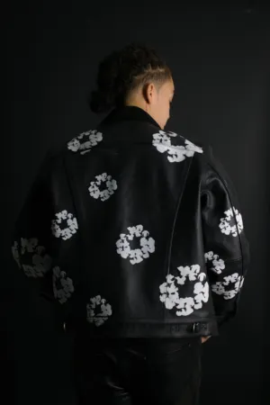 Black Leather Jacket With White Floral Print