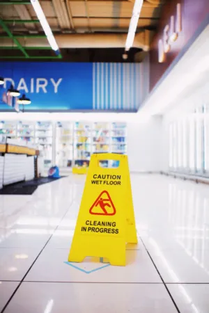 Wet Floor Sign In A Supermarket