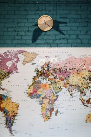 World Map With Pins And Clock