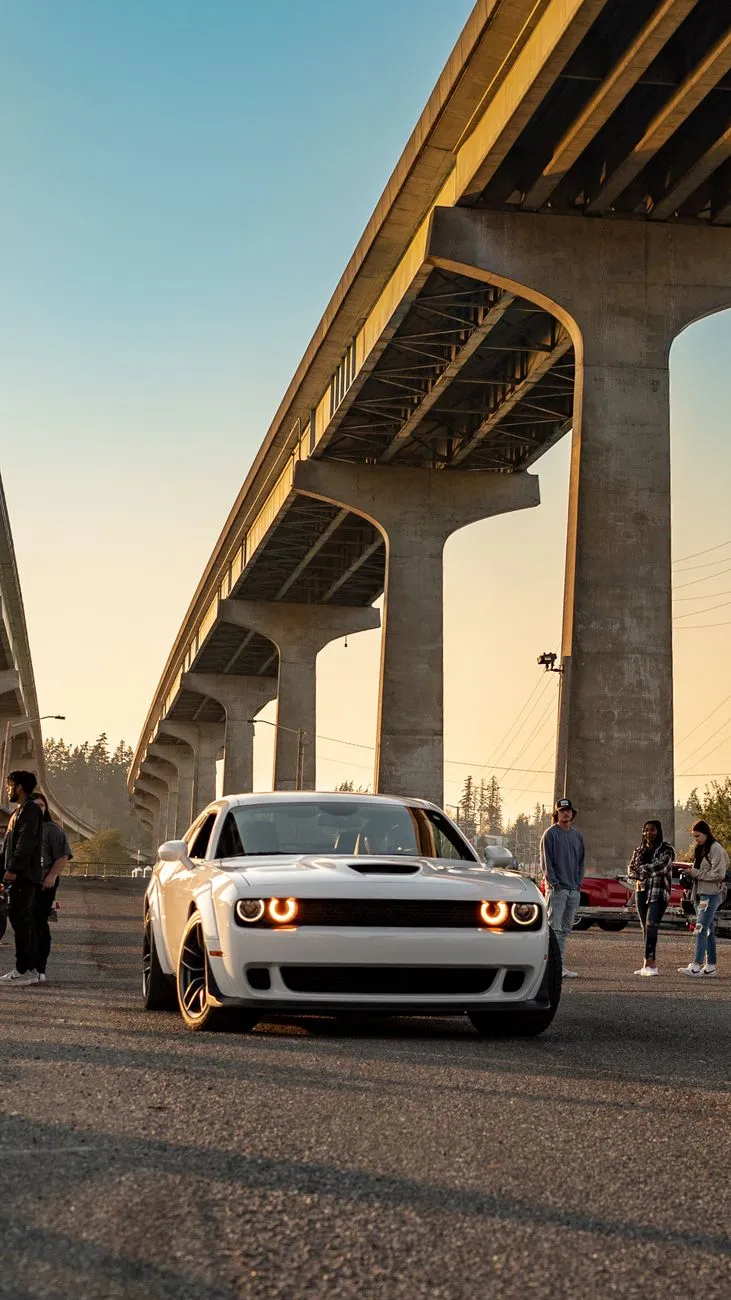 White Muscle Car Under Bridge