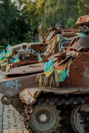 Rusted Military Vehicles With Ukrainian Flags