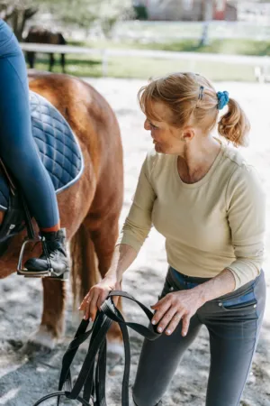 Woman Attaching Bridle To Horse
