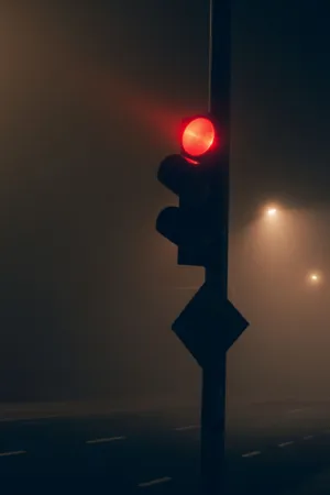 Red Traffic Light In Foggy Night