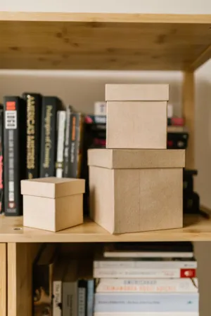 Stacked Boxes On Bookshelf
