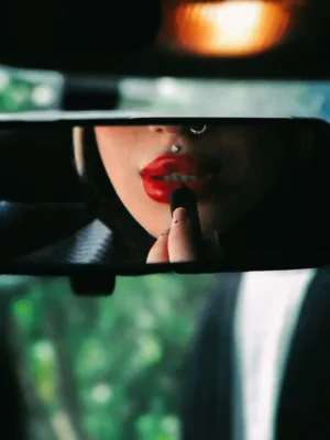 Red Lips In Rearview Mirror