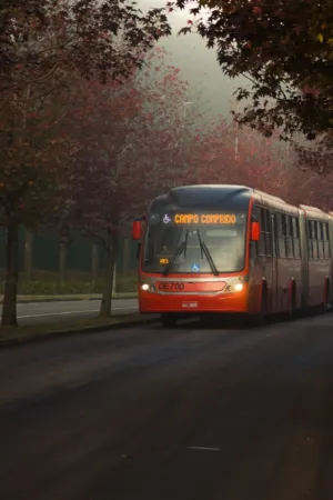 Red Bus On A Misty Road
