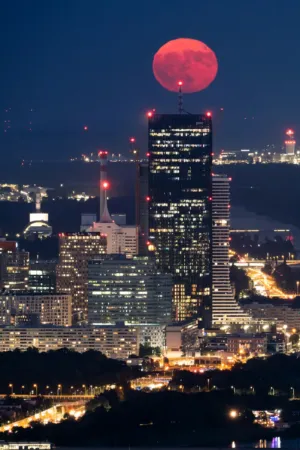 Red Moon Over Cityscape