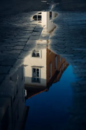 Reflection Of Buildings In Puddle